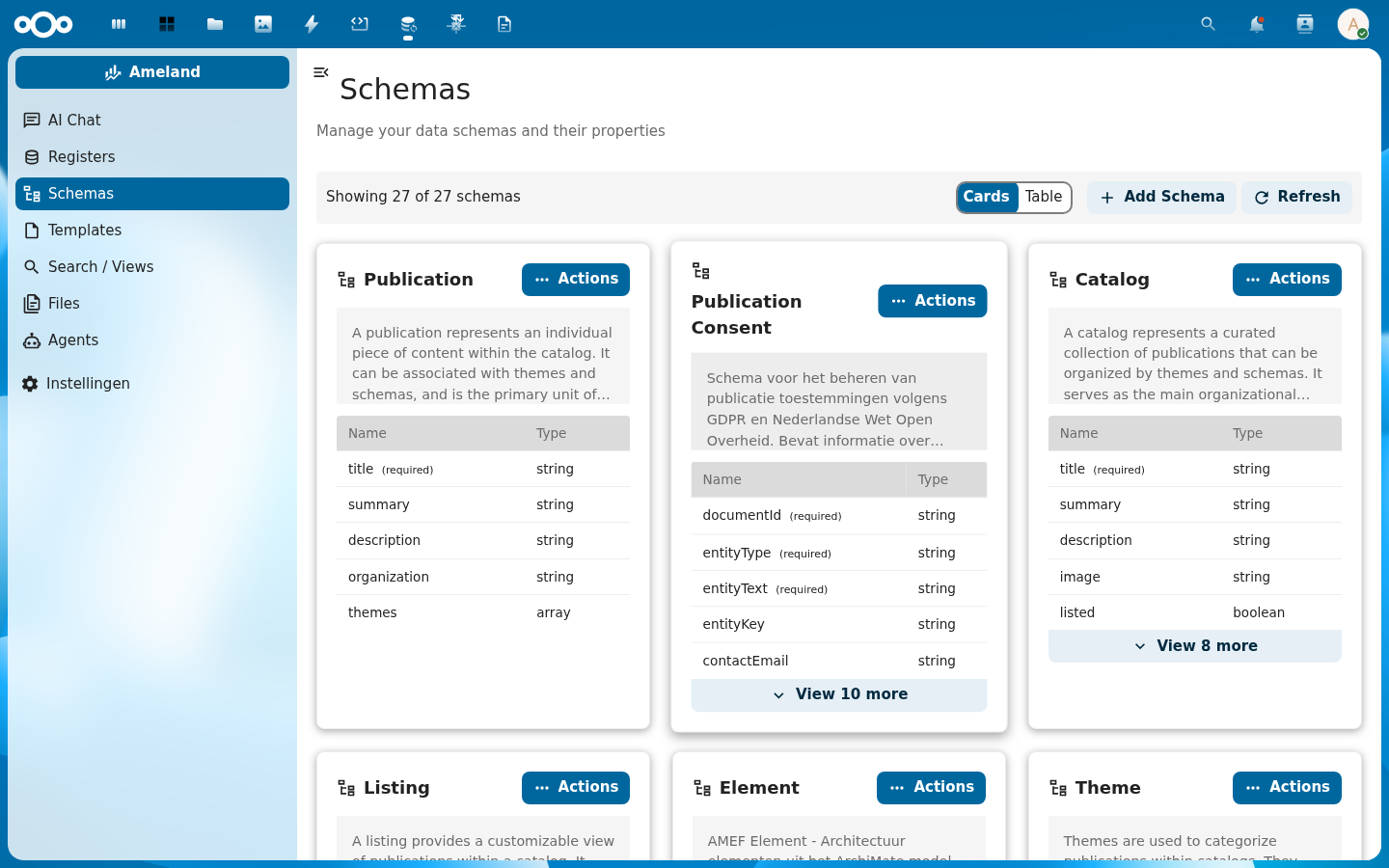 Schema-overzicht in kaartweergave met 27 schema's, elke kaart toont titel, beschrijving en eigenschappen