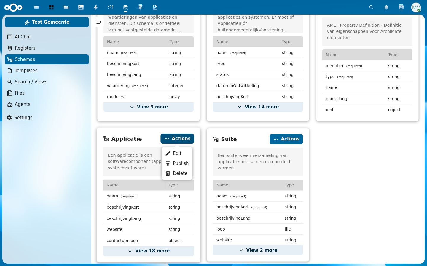 Actiemenu van een schema met opties Edit, Publish en Delete