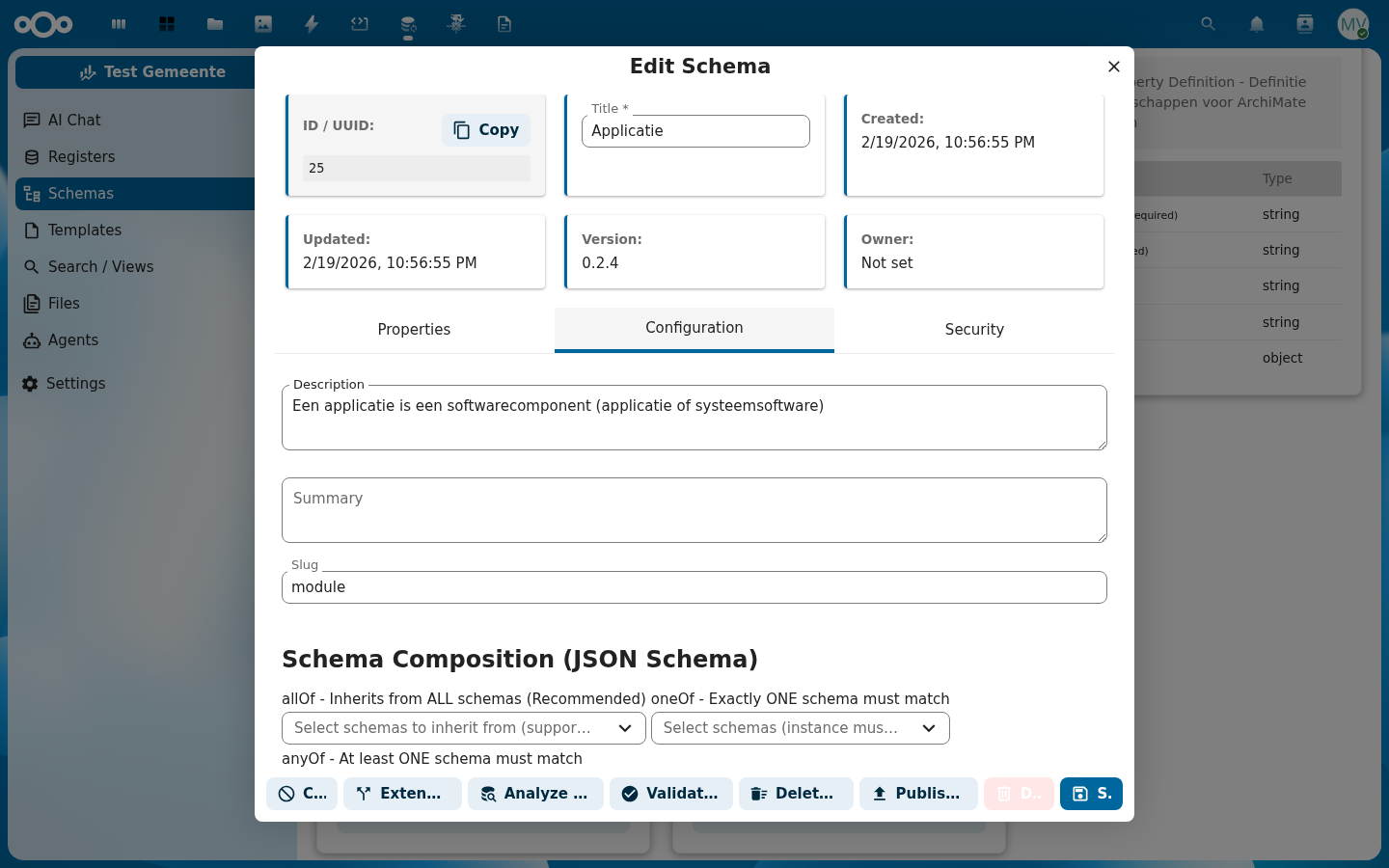 Configuration-tabblad met beschrijving, samenvatting, slug en Schema Composition instellingen