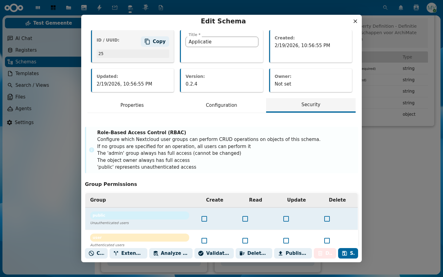 Security-tabblad met RBAC-instellingen: een tabel van groepen met Create, Read, Update en Delete permissies