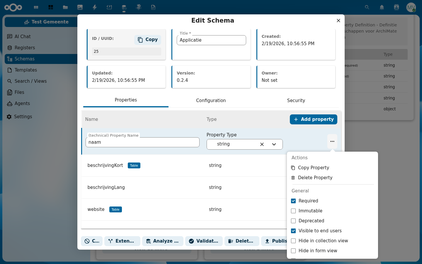 Eigenschap-detailmenu met acties, algemene toggles en configuratiesecties