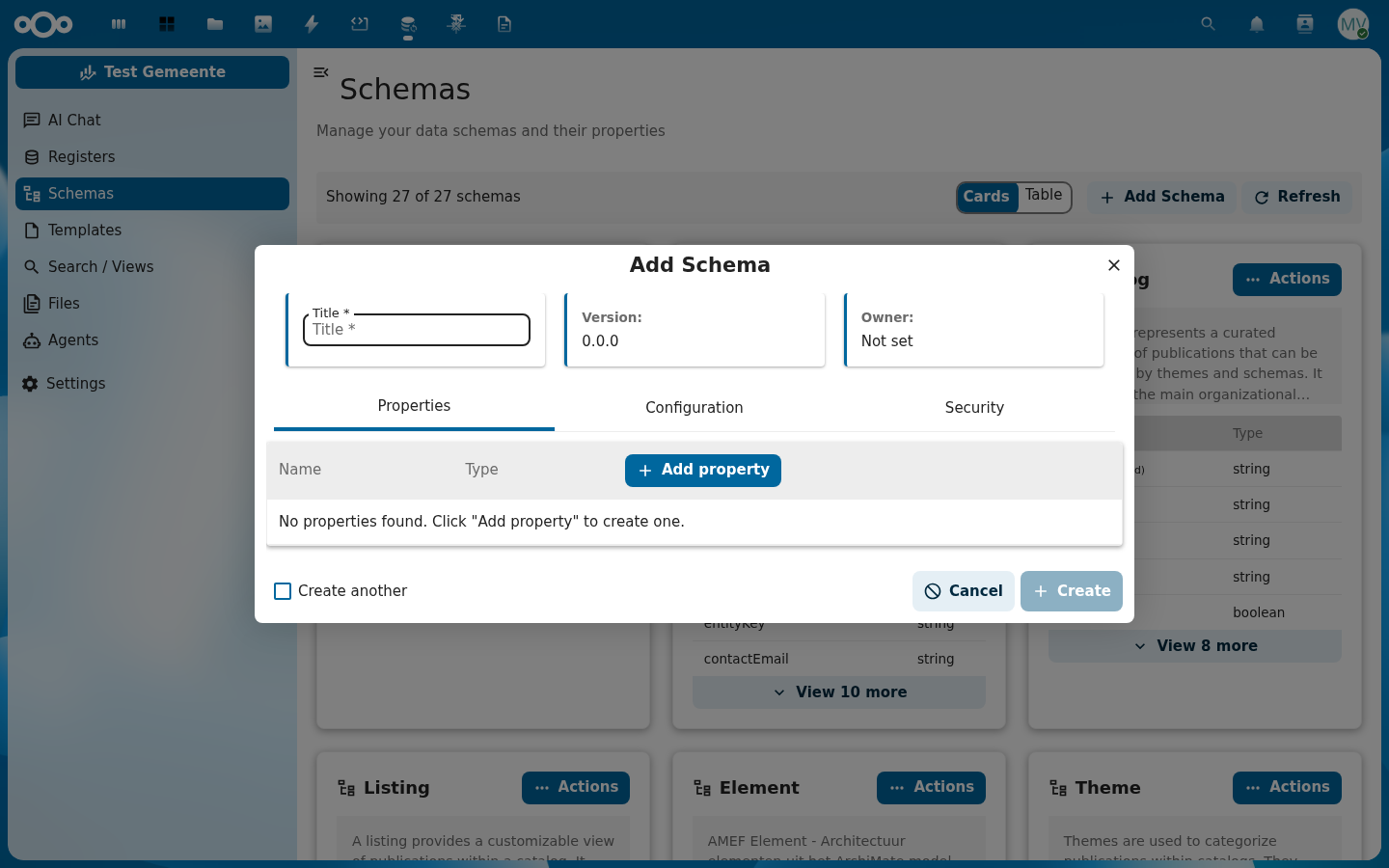 Add Schema-dialoog met titel, versie, eigenaar en de mogelijkheid om direct eigenschappen toe te voegen