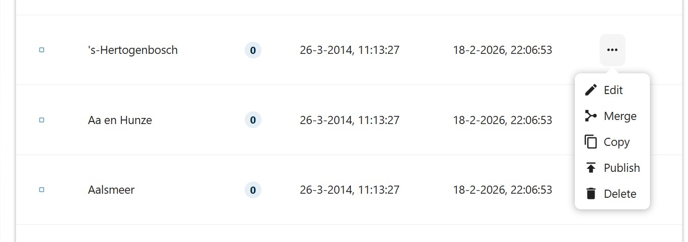 Het drie-puntjes-menu met de opties Edit, Merge, Copy, Publish en Delete
