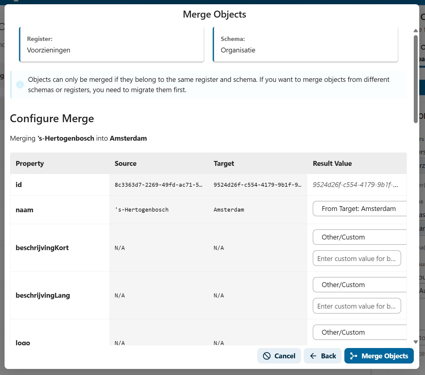 Eigenschappen vergelijken tussen bron en doel, en de resultaatwaarde kiezen