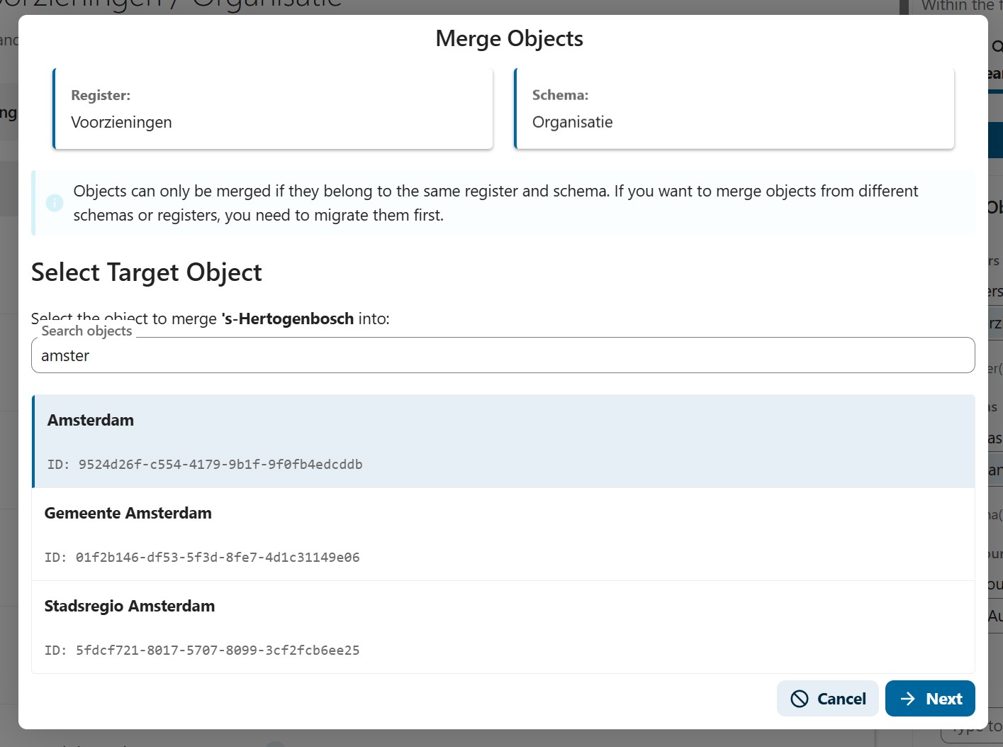 Zoeken naar de doelorganisatie en selecteren uit de resultaten
