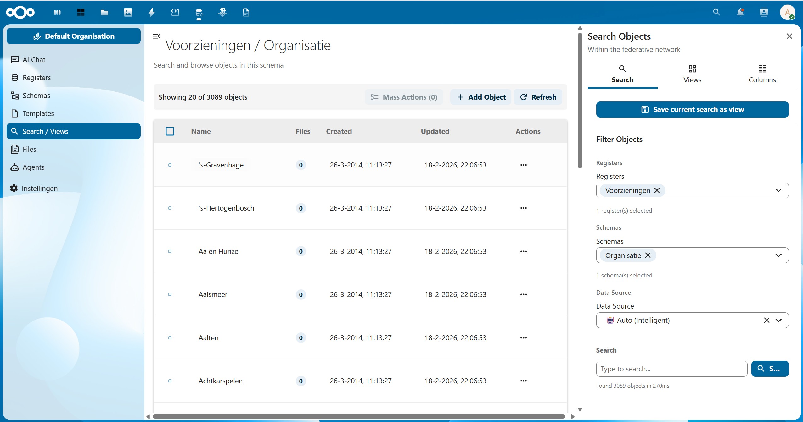 Search/Views gefilterd op Voorzieningen register en Organisatie schema