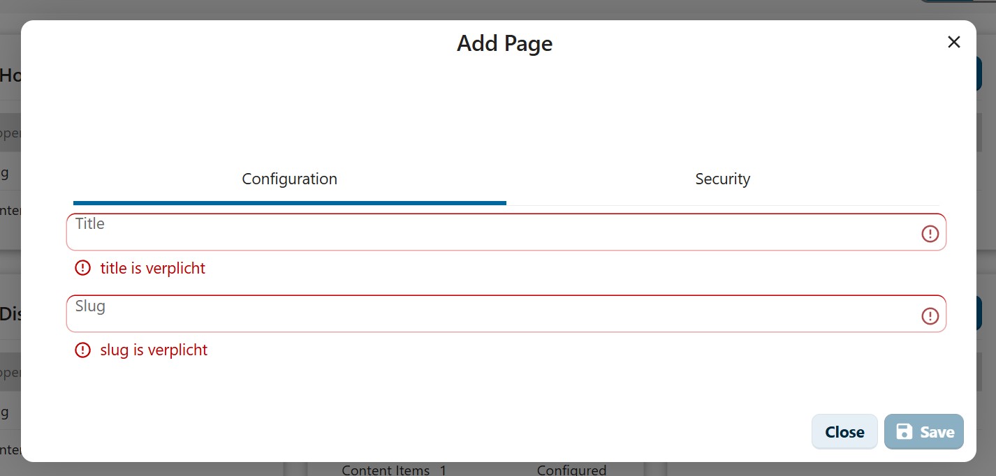 Het Add Page dialoogvenster met Title en Slug velden