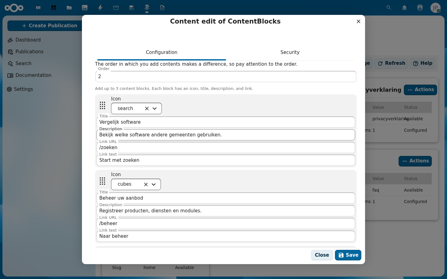 ContentBlocks bewerken met icoon, titel, beschrijving en link per blok