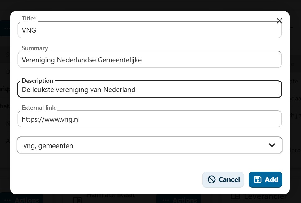 Het Add Term formulier met Title, Summary, Description, External link en Keywords velden