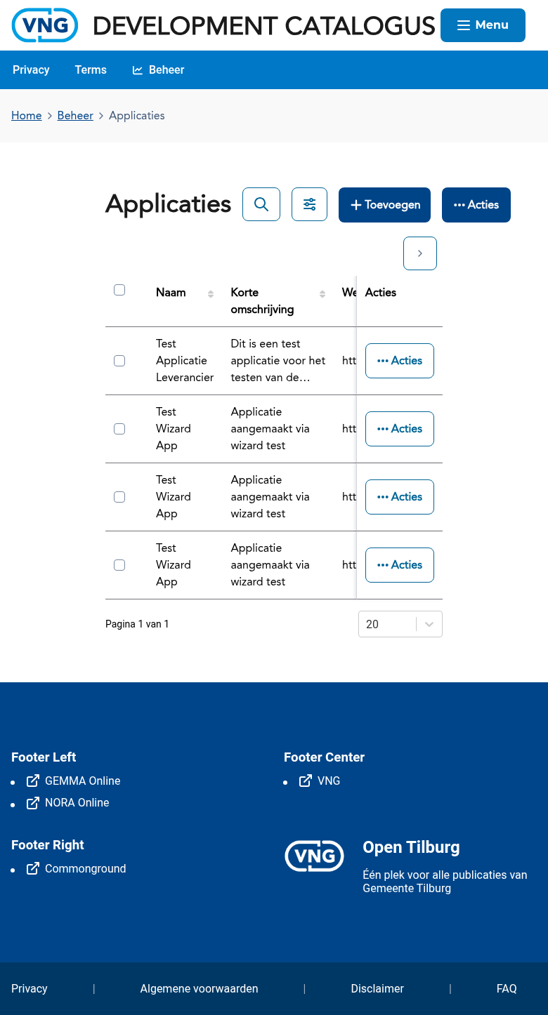 Het applicatieoverzicht voor leveranciers met een tabel van gepubliceerde applicaties