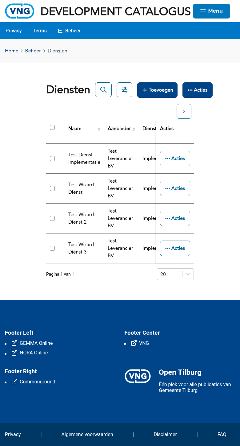 Het dienstenoverzicht voor leveranciers met een tabel van gepubliceerde diensten