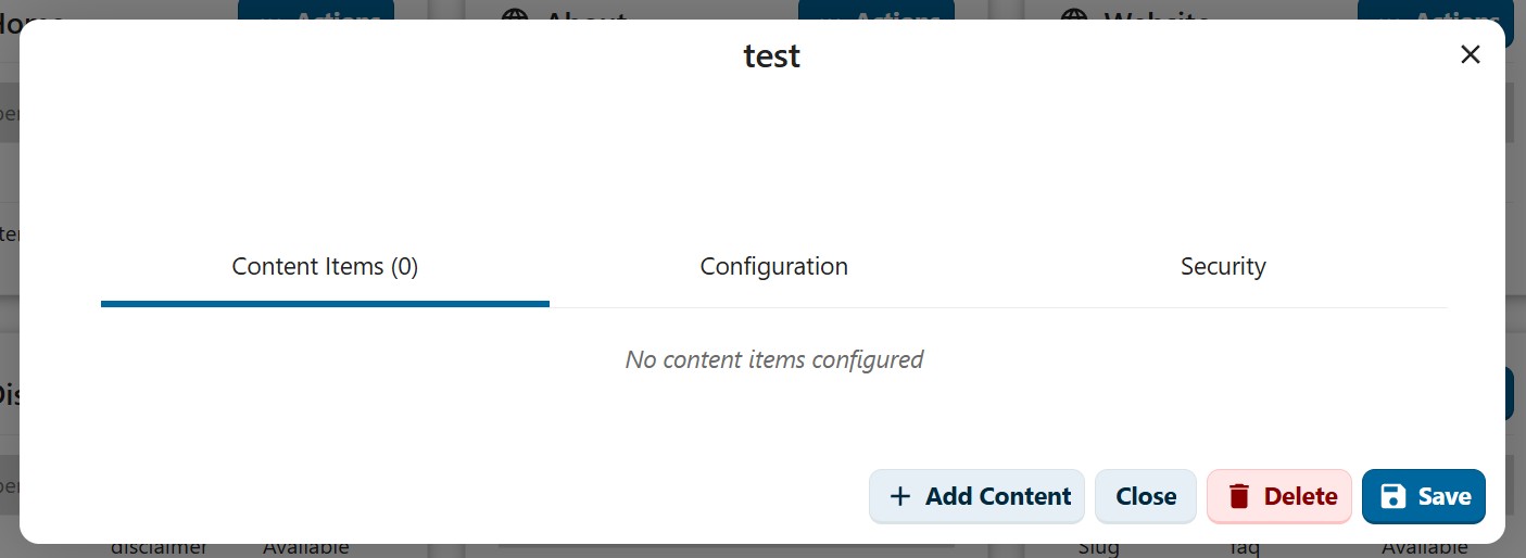 Het bewerkscherm van een pagina met Content Items, Configuration en Security tabs
