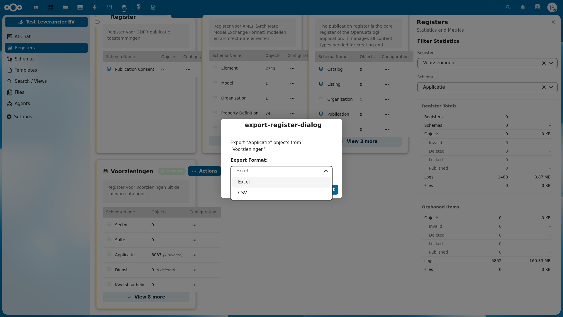Het export dialoogvenster met formaat selectie (Excel of CSV)