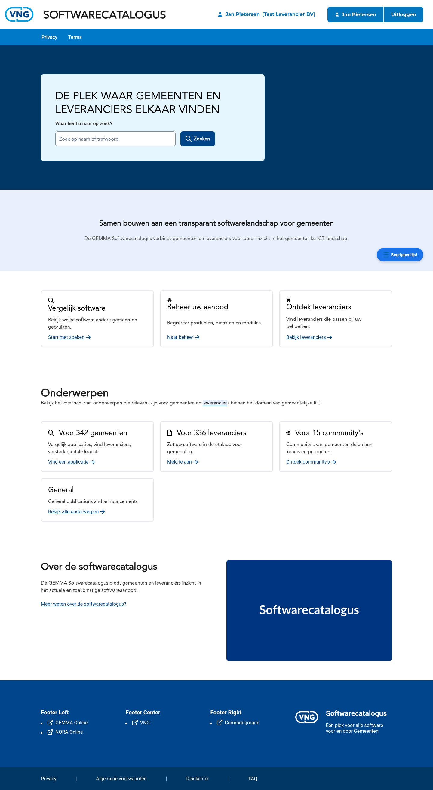 De voorpagina met alle CMS-secties zichtbaar