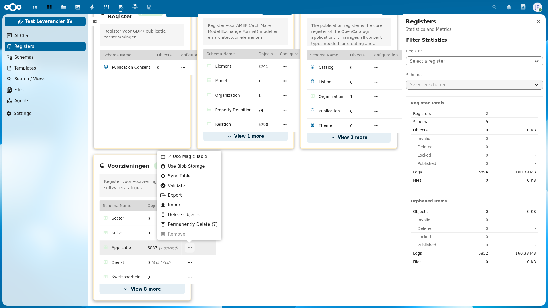Het actiemenu van een schema met opties zoals Export, Import, Validate en meer