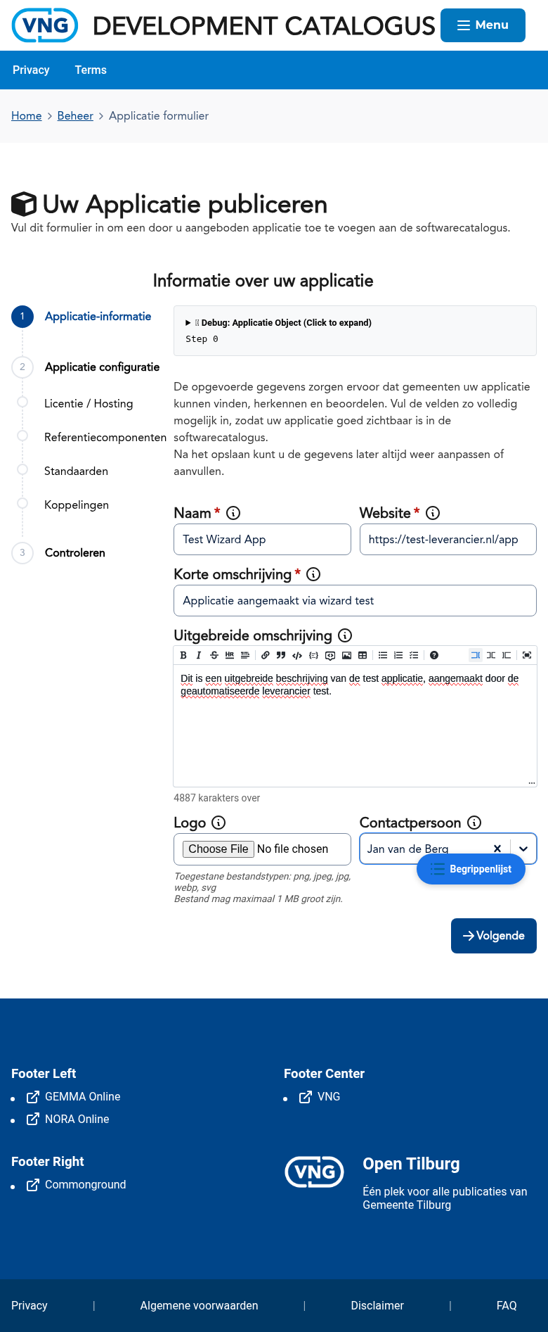 Stap 1 van de applicatie-wizard: basisgegevens invullen