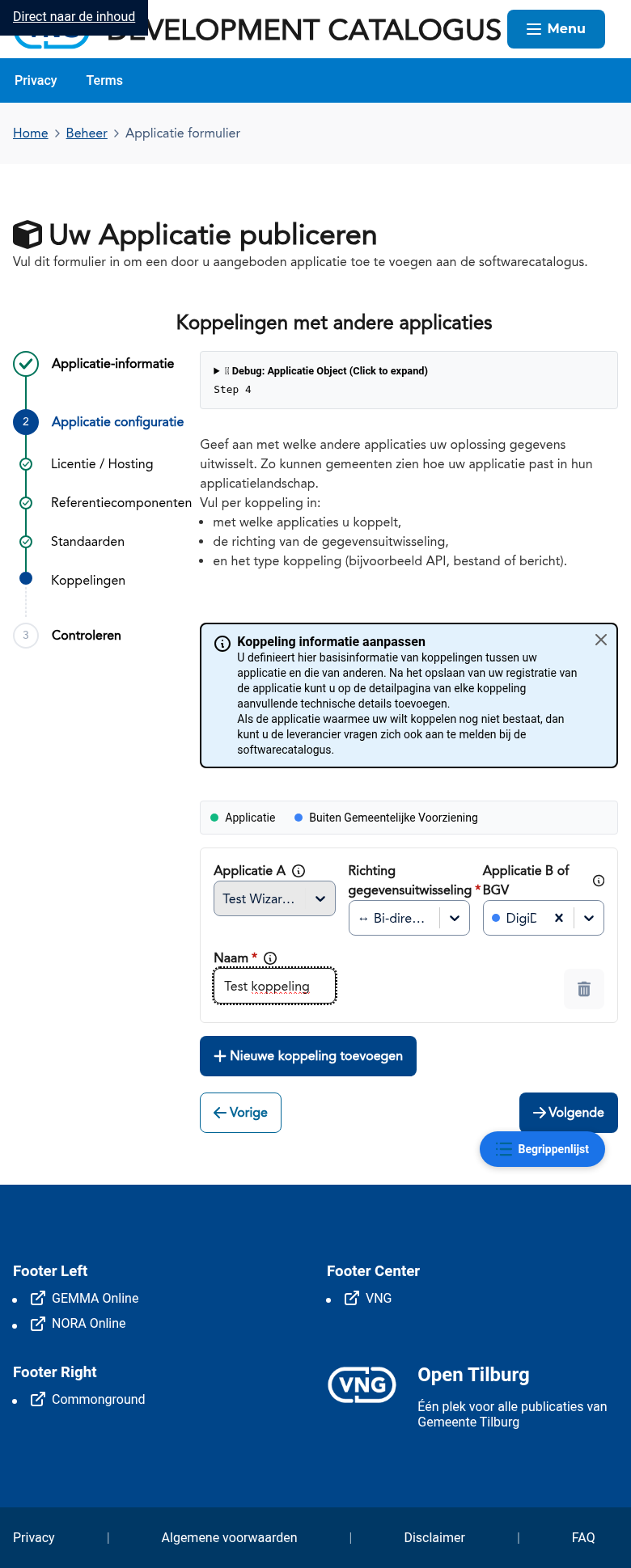 Stap 5 van de applicatie-wizard: koppelingen registreren
