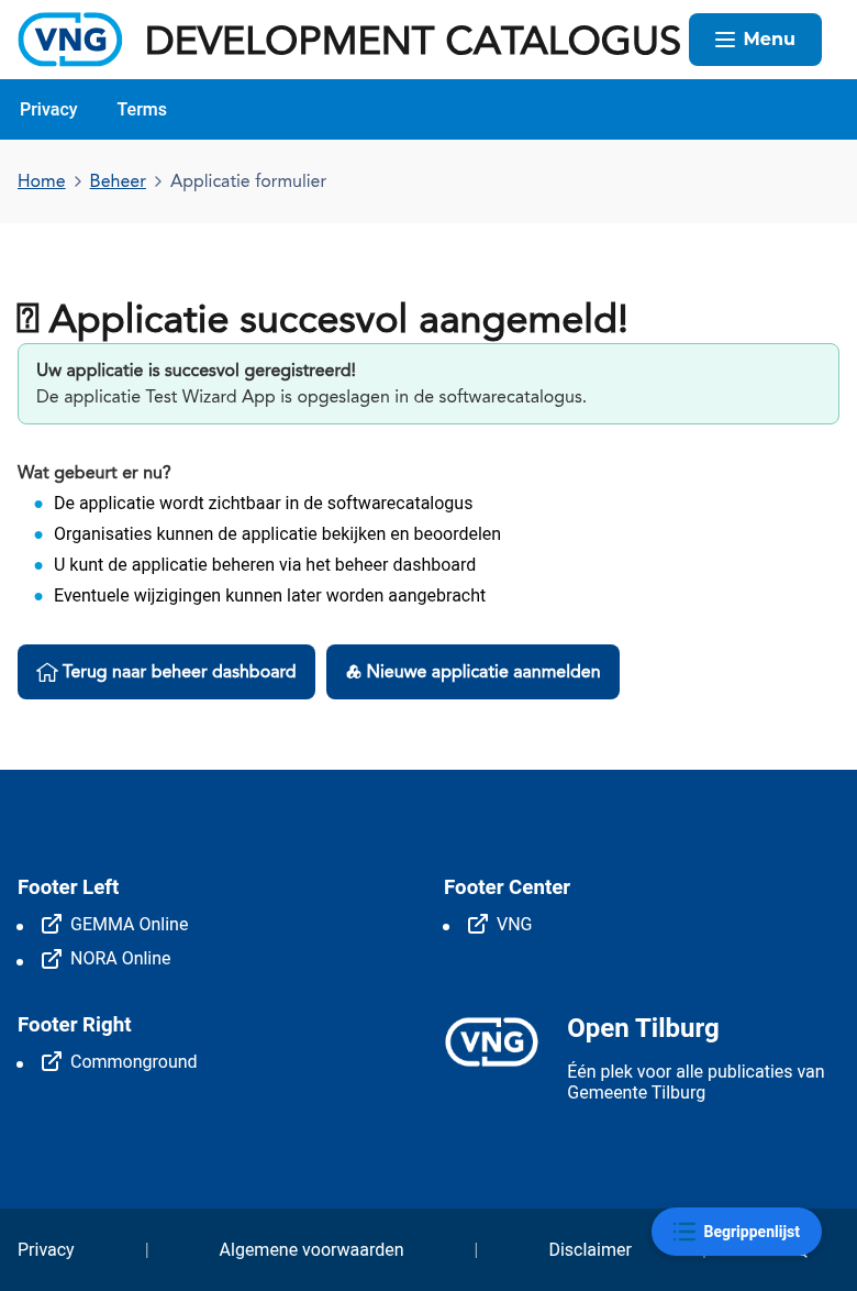 Succesbericht na het publiceren van een applicatie