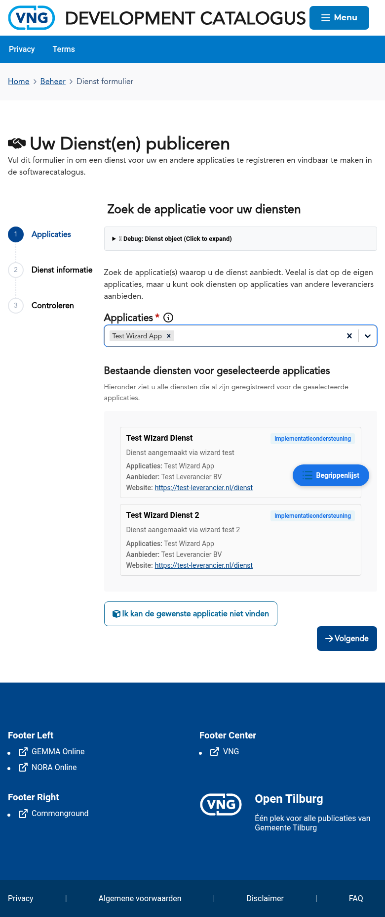 Stap 1 van de diensten-wizard: basisgegevens invullen
