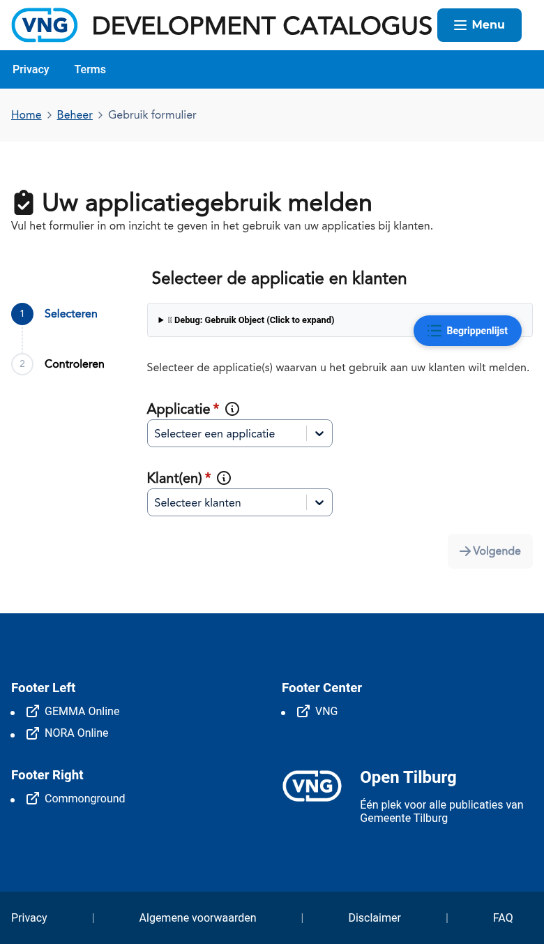 Stap 1 van de wizard: applicatie en klant(en) selecteren