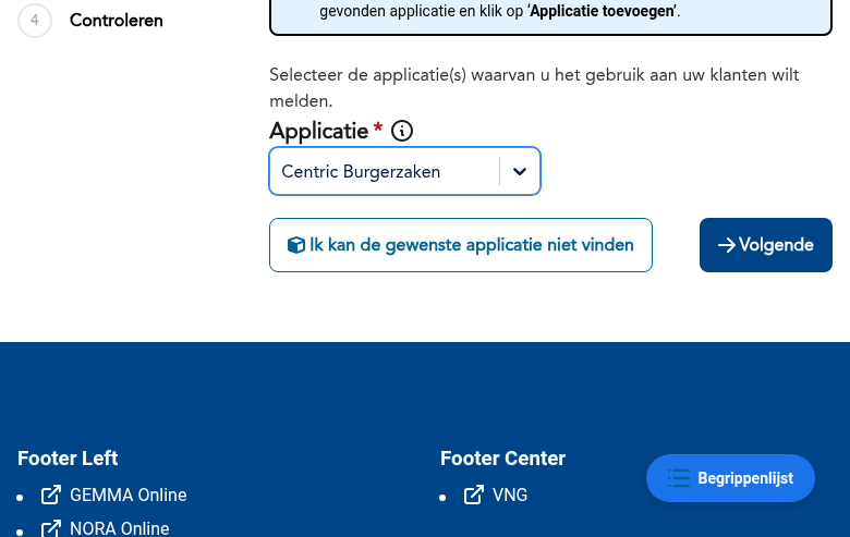 Stap 1 van de gemeente-wizard: applicatie selecteren uit de catalogus