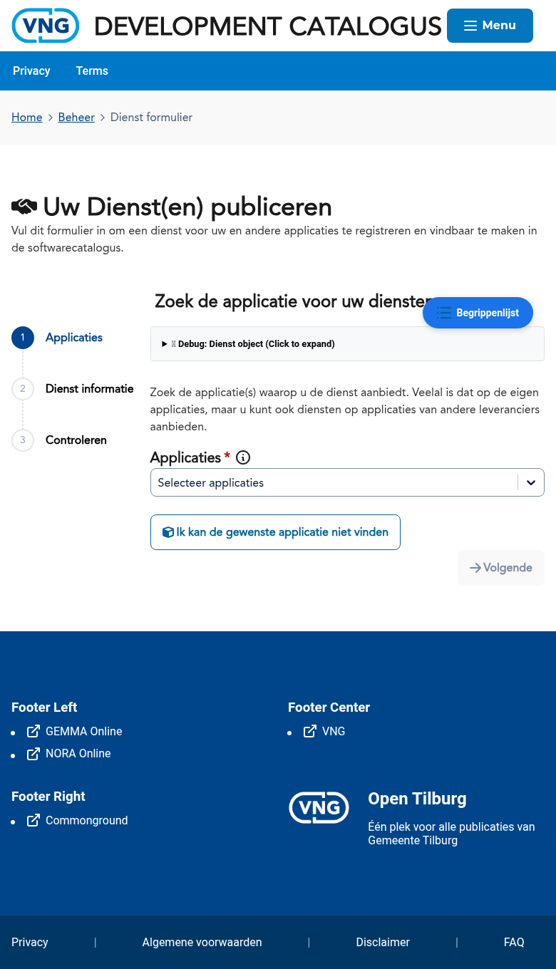 Stap 1 van de gemeente diensten-wizard: applicatie selecteren