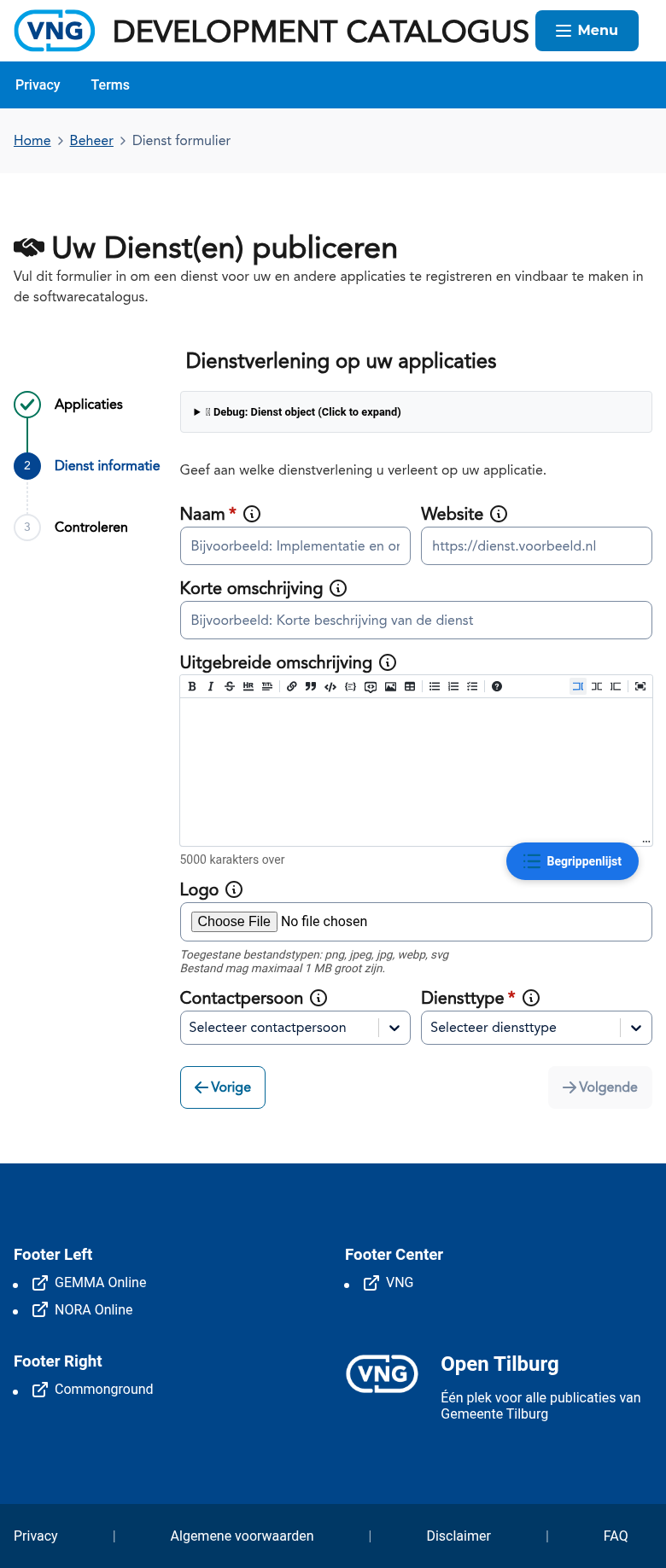 Stap 2 van de gemeente diensten-wizard: dienstinformatie invullen