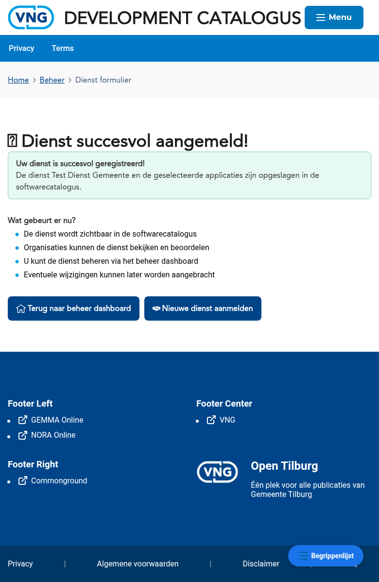 Succesbericht na het registreren van een dienst als gemeente