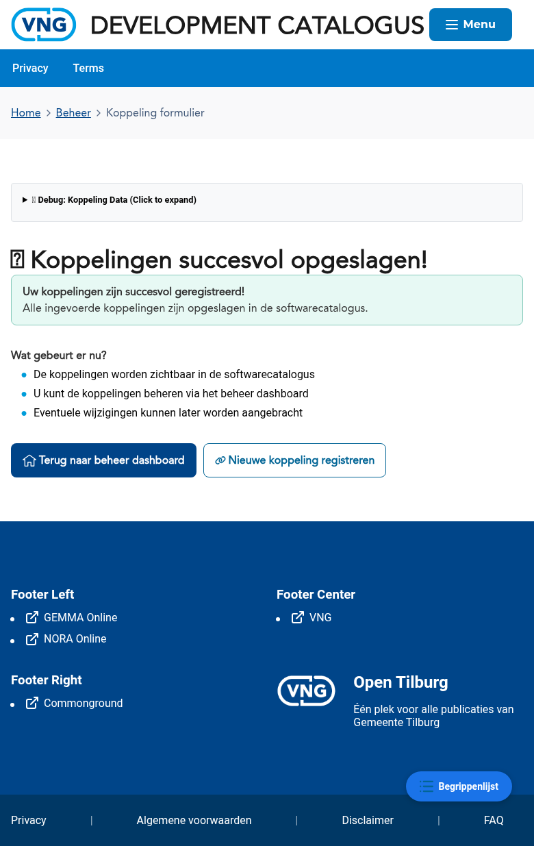Succesbericht na het registreren van een koppeling als gemeente