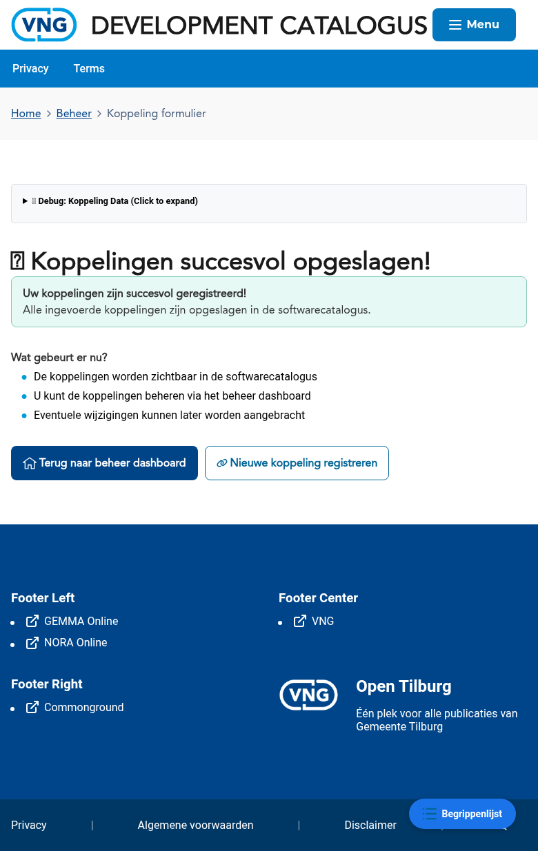 Succesbericht na het registreren van een koppeling